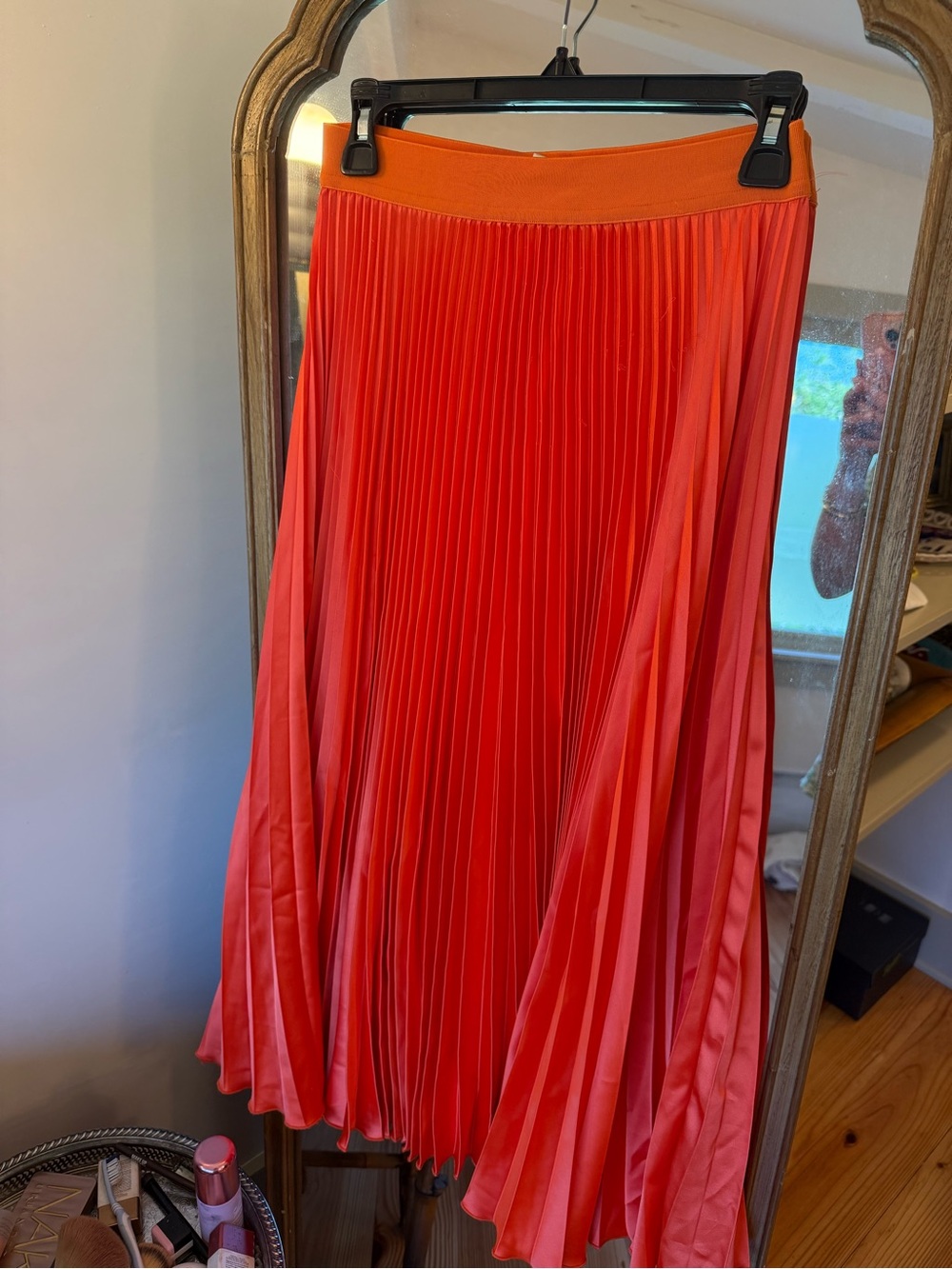 Anthropologie Two-Tone Pleated Midi Skirt in Orange and Coral